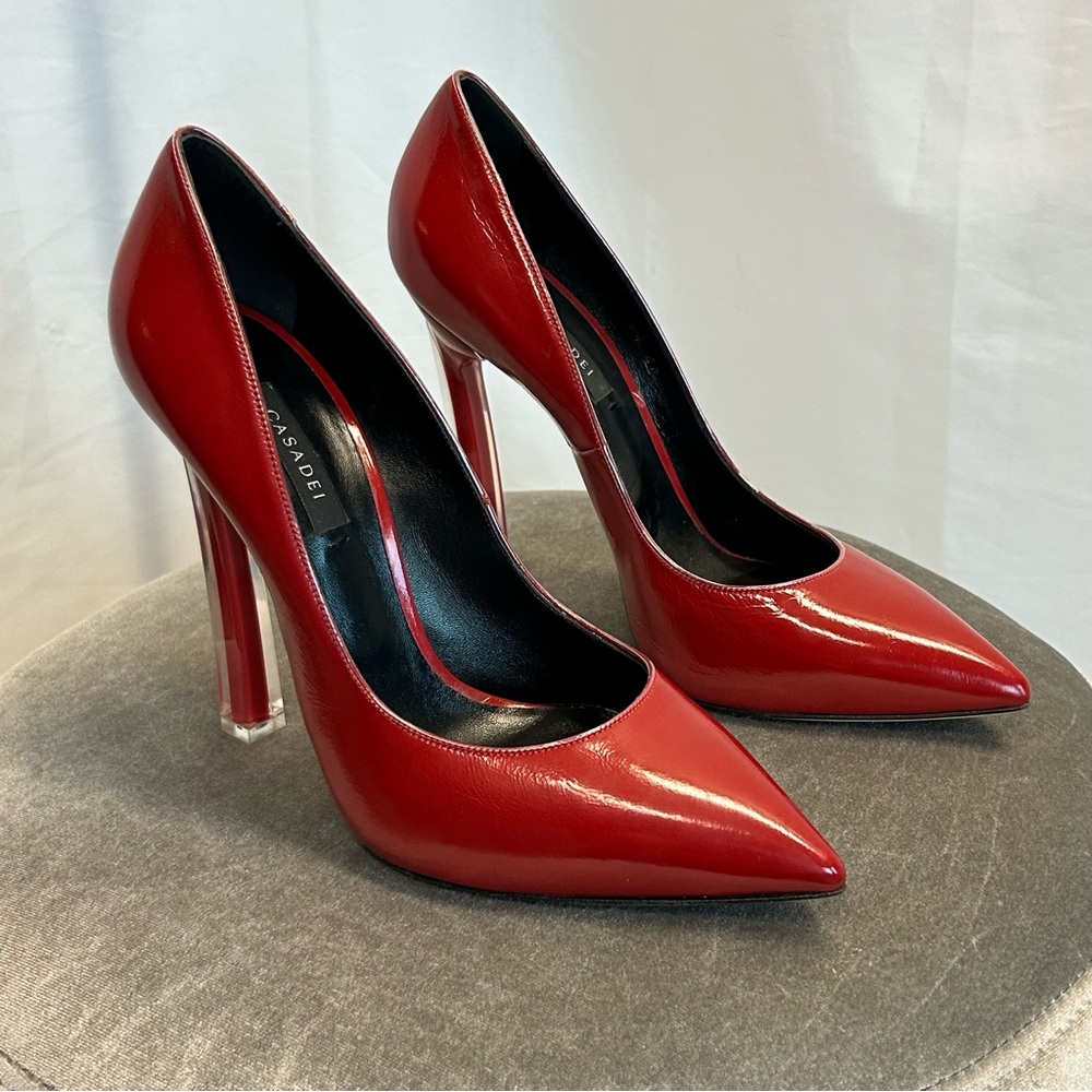 Casadei red patent leather high heel pumps with acrylic blade heel Sz 40 NWOB - Picture 2 of 9